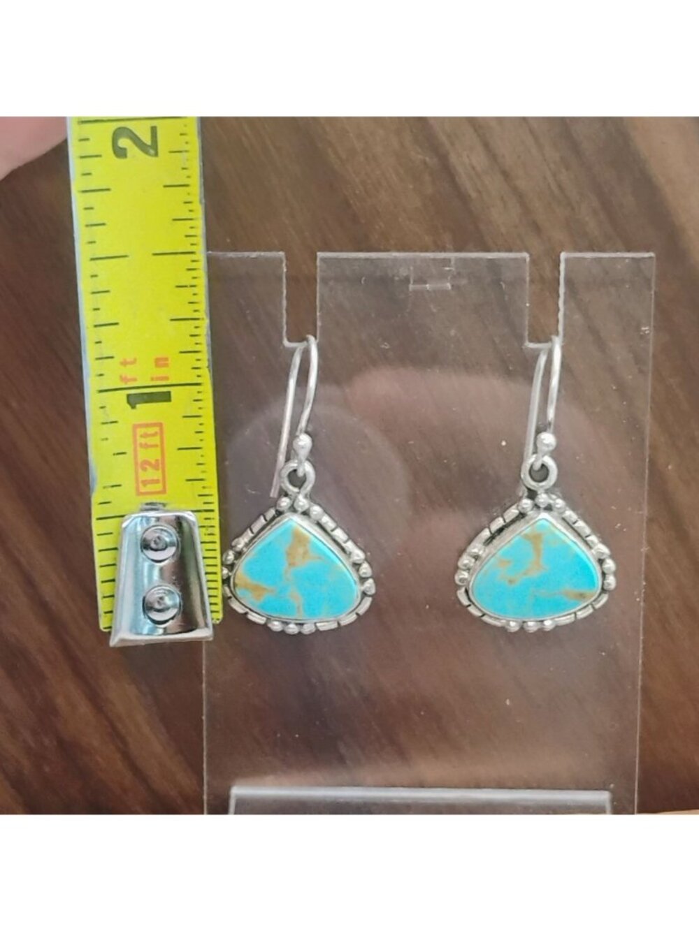 Artisan Handmade Sterling Silver Turquoise Dangle Earrings Triangle Teardrop - Picture 3 of 5